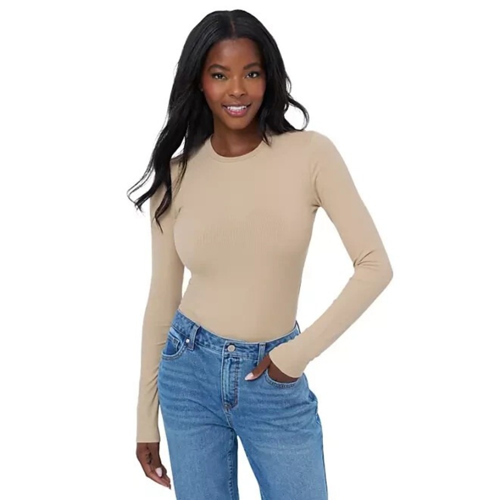Edited by Remi Bader Womens Long Sleeve Ribbed Bodysuit L Incense Beige